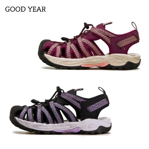 【女】GOODYEAR 固特異排水透氣輕便水陸護趾涼鞋 黑紫灰 12637
