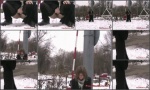 Squatting cutie pissing in the snow and melting it