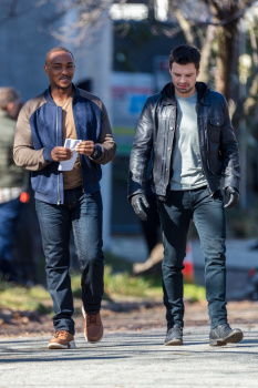 Anthony Mackie & Sebastian Stan - joke around while filming scenes for 'The Falcon and the Winter Soldier' in Auburn, February 22, 2020