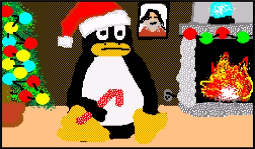 Tux the Linux mascot wearing a christmas hat holding a candy cane next to a fireplace and christmas tree