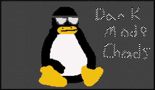 Tux the Linux mascot wearing shades against a dark background saying dark mode chads