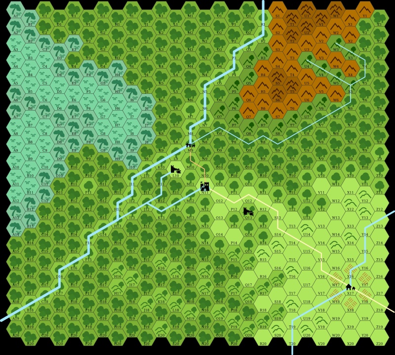 Bossonian Marches map with hex coordinates