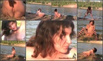 Big boobs girl Klara naked in the sand by the lake