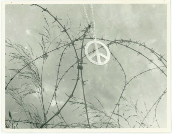 Peace Symbol caught on barbed wire.