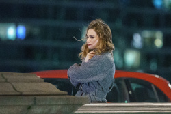 Lily James - Filming scenes for 'What's Love Got To Do With It?' on Battersea Bridge in London January 2, 2021