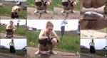 Tight redhead pisses in the dirt as people watch