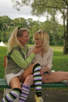Cute blondes Eva and Ksenia flash pussies together  DirtyPublicNudity 