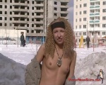 Cold and snowy day flashing from a skinny girl