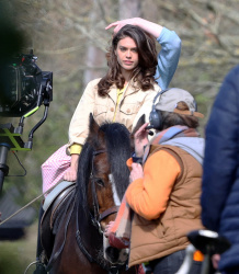 Sabrina Bartlett - Seen riding a horse whilst filming new ITV drama 'The Larkins' in Surrey, April 2, 2021