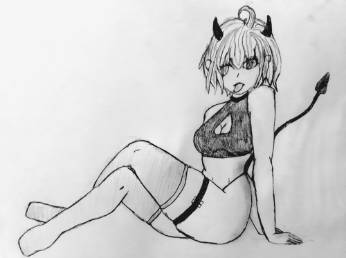 A sultry, sexy succubus playfully grinning named Lilly