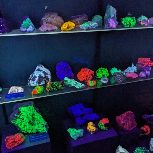 Some geodes under fluorescent light.