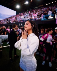 Becky G - singing the national anthem at a Leagues Cup match in Fort Lauderdale, Florida July 21, 2023