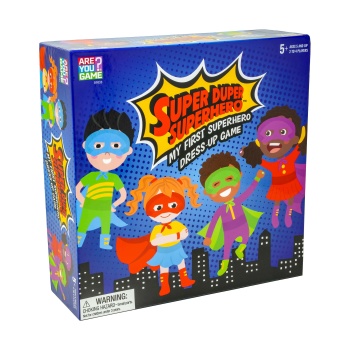 Colorful board game box for Super Duper Superhero featuring a cartoon superhero character in a dynamic flying pose with a bright cityscape background and bold playful text Super Duper Superhero on the box. The design conveys excitement and fun.