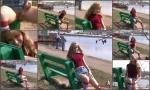 Upskirt on a bench with her hairy pussy exposed
