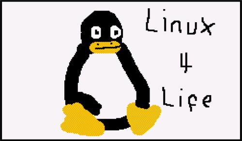 Tux the Linux mascot drawn in Mario Paint saying Linux 4 Life