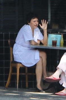 Alia Shawkat - Shows off some leg in a white dress during a lunch outing with a friend at Little Dom's in Los Feliz, September 2, 2020