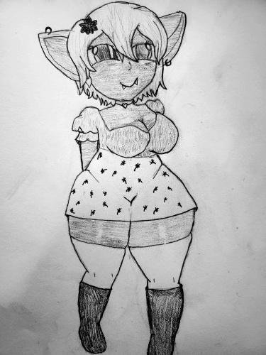 A cute and voluptuous goblin girl in a dress named Peri Winkle